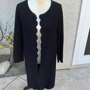 Talbots Women's Scallop Edge Open Front Black Long Cardigan Sweater Size L